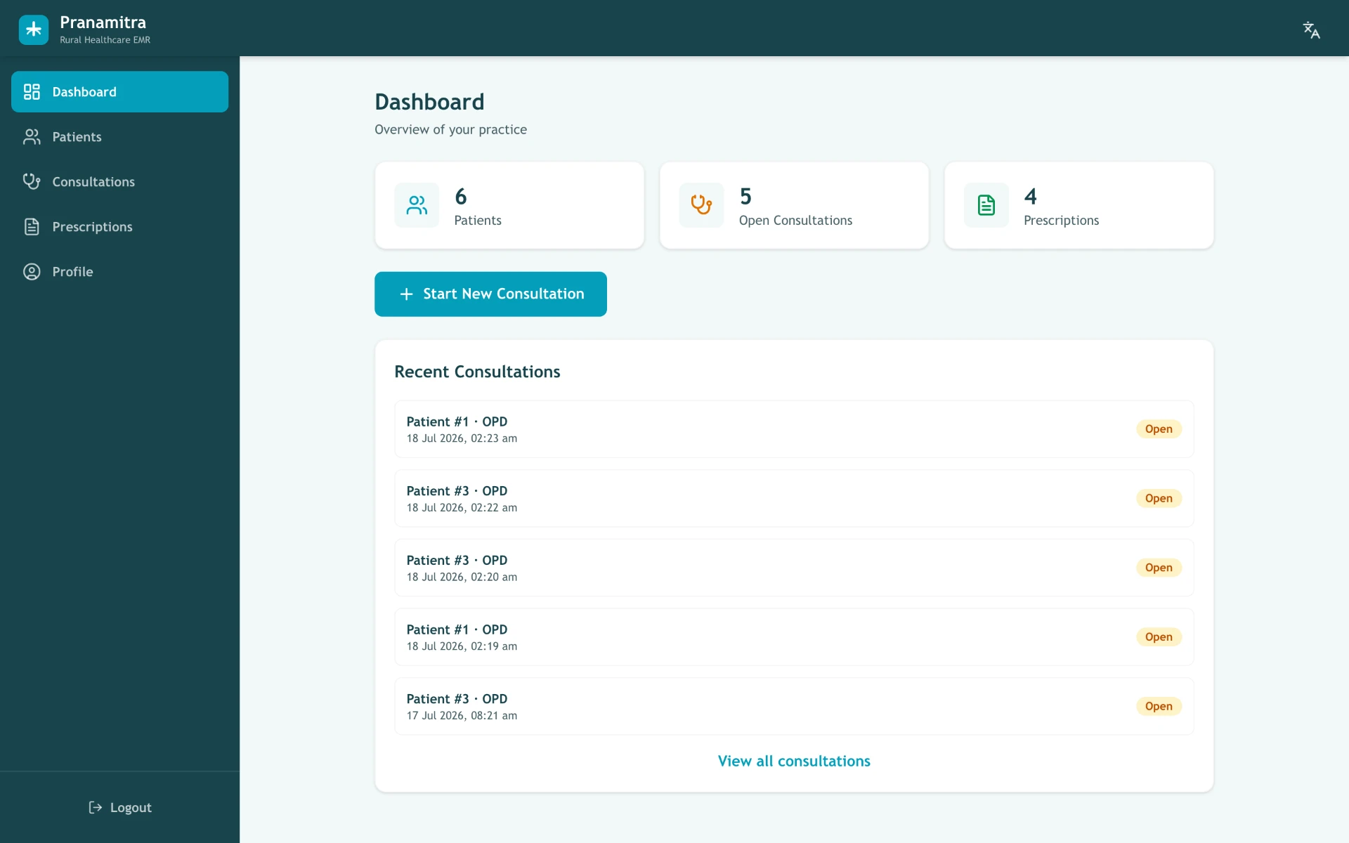 Pranamitra doctor dashboard showing patient, consultation and prescription summaries