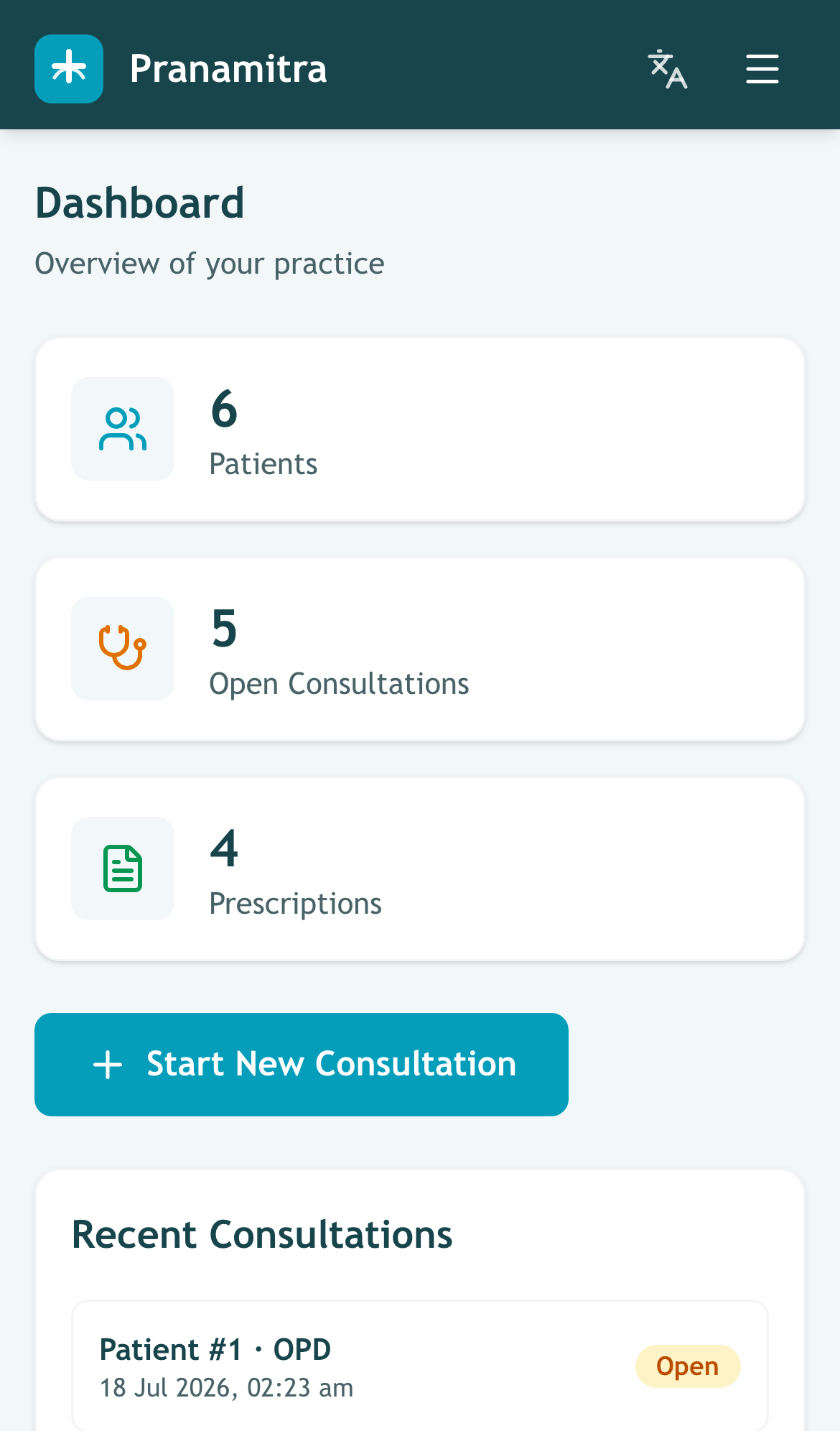 Mobile Pranamitra doctor dashboard
